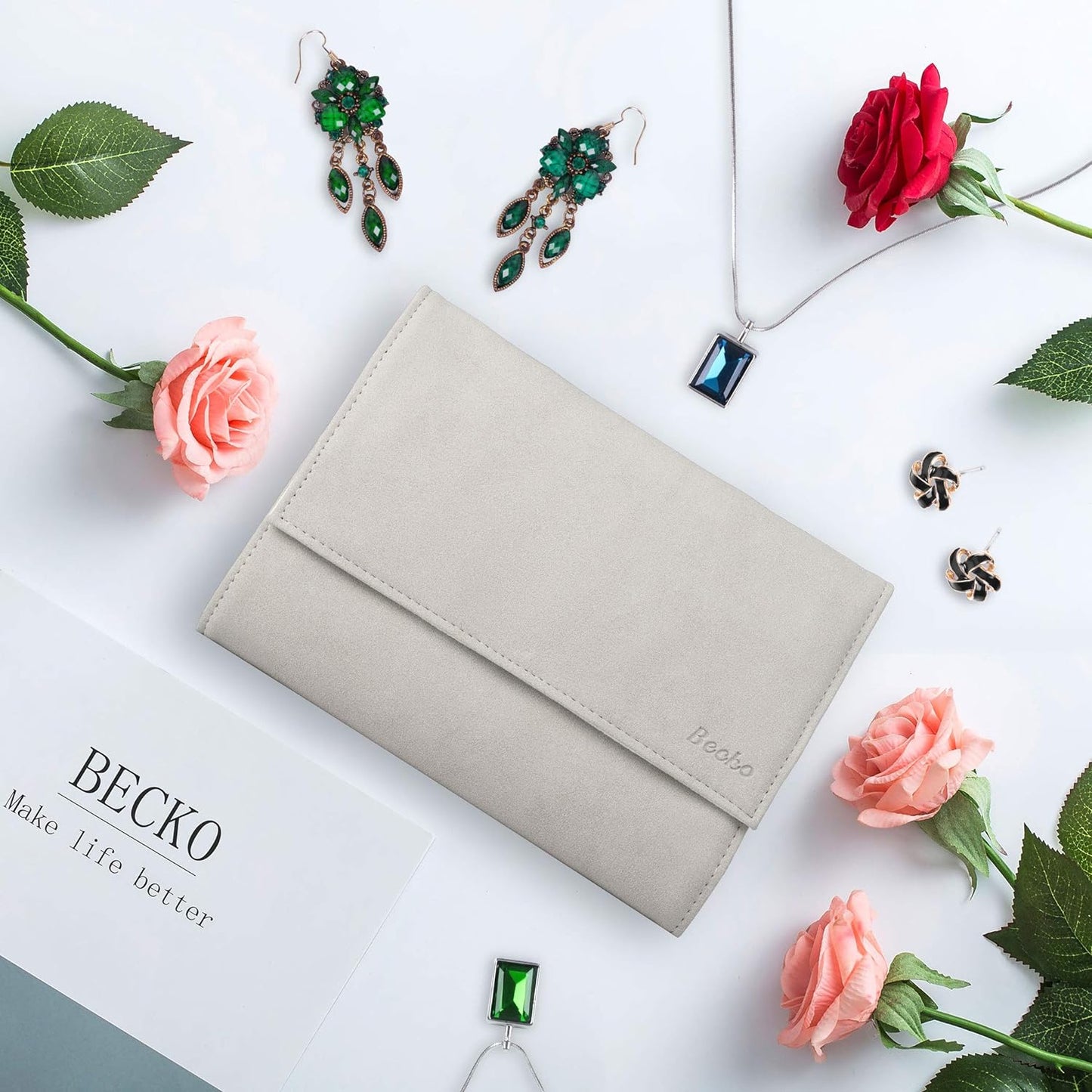 Jewelry Organizer Roll Travel Jewel Bag Case for Multiple Necklaces, Rings, Bracelets, Supple Leather & Suede, Large Capacity without Crease, Lightweight, Portable & Practical (Gray)