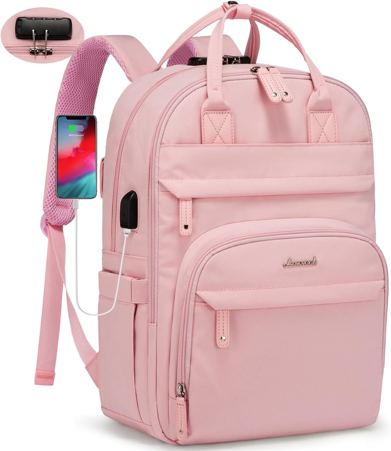 Laptop Backpack for Women, Travel Anti-Theft Work Bag Business Computer Backpacks Purse College Bag, Casual Hiking Daypack with Lock, 15.6 Inch, Light Pink