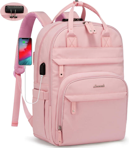 Laptop Backpack for Women, Travel Anti-Theft Work Bag Business Computer Backpacks Purse College Bag, Casual Hiking Daypack with Lock, 15.6 Inch, Light Pink