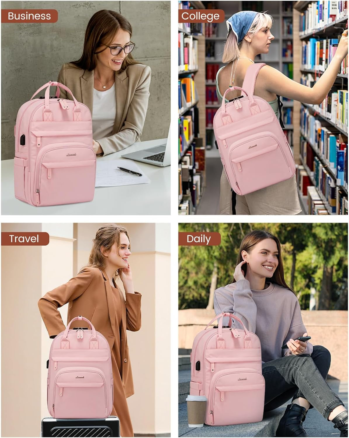 Laptop Backpack for Women, Travel Anti-Theft Work Bag Business Computer Backpacks Purse College Bag, Casual Hiking Daypack with Lock, 15.6 Inch, Light Pink
