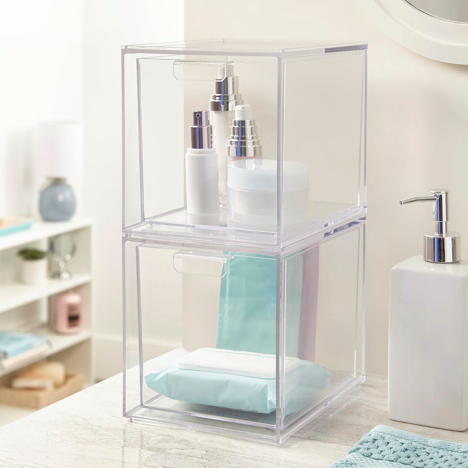 Audrey Stackable Bin Clear Plastic Organizer Drawers | 2 Piece Set | Organize Cosmetics and Beauty Supplies on a Vanity | Made in USA