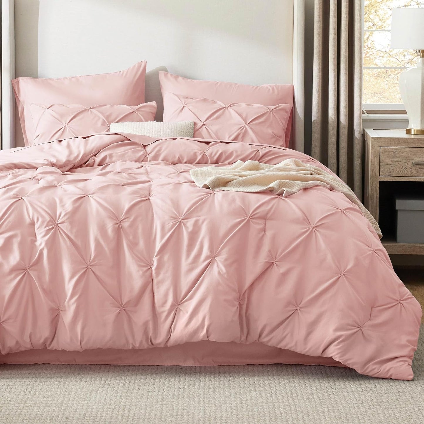 King Size Comforter Set Pink - Bed in a Bag King Size 7 Pieces, Gentlesoft™ Pintuck Bed Set Gift for Family, Pinch Pleat Pink Comforter with Sheets, Pillowcases & Shams