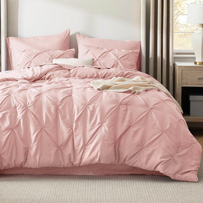 King Size Comforter Set Pink - Bed in a Bag King Size 7 Pieces, Gentlesoft™ Pintuck Bed Set Gift for Family, Pinch Pleat Pink Comforter with Sheets, Pillowcases & Shams