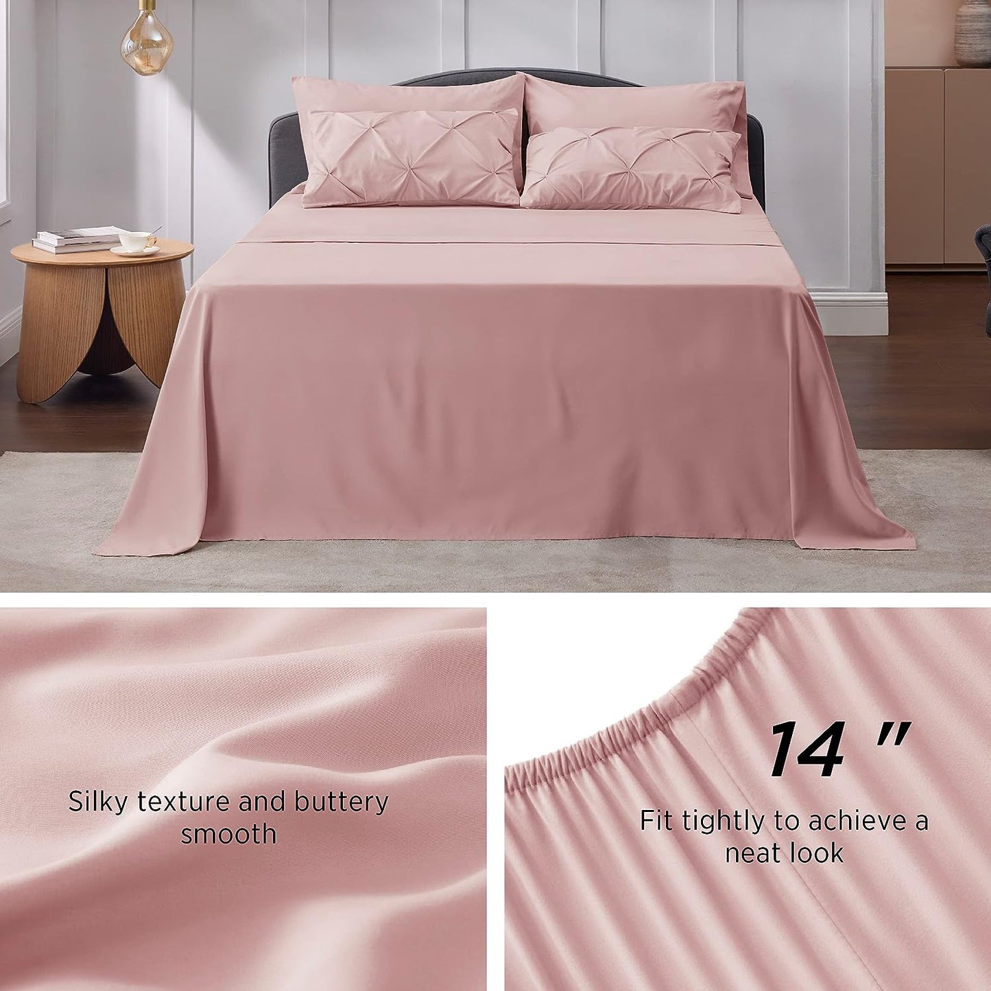 King Size Comforter Set Pink - Bed in a Bag King Size 7 Pieces, Gentlesoft™ Pintuck Bed Set Gift for Family, Pinch Pleat Pink Comforter with Sheets, Pillowcases & Shams