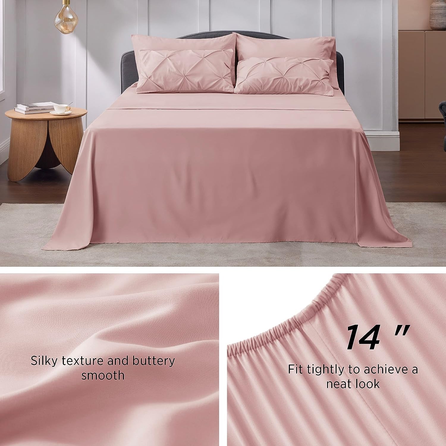 King Size Comforter Set Pink - Bed in a Bag King Size 7 Pieces, Gentlesoft™ Pintuck Bed Set Gift for Family, Pinch Pleat Pink Comforter with Sheets, Pillowcases & Shams