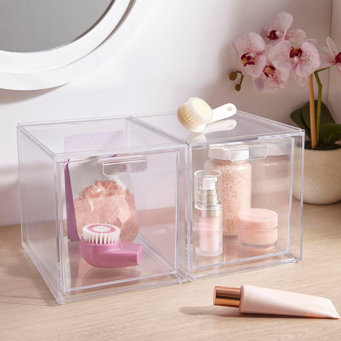 Audrey Stackable Bin Clear Plastic Organizer Drawers | 2 Piece Set | Organize Cosmetics and Beauty Supplies on a Vanity | Made in USA