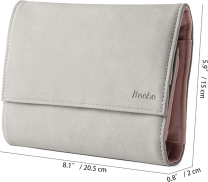 Jewelry Organizer Roll Travel Jewel Bag Case for Multiple Necklaces, Rings, Bracelets, Supple Leather & Suede, Large Capacity without Crease, Lightweight, Portable & Practical (Gray)