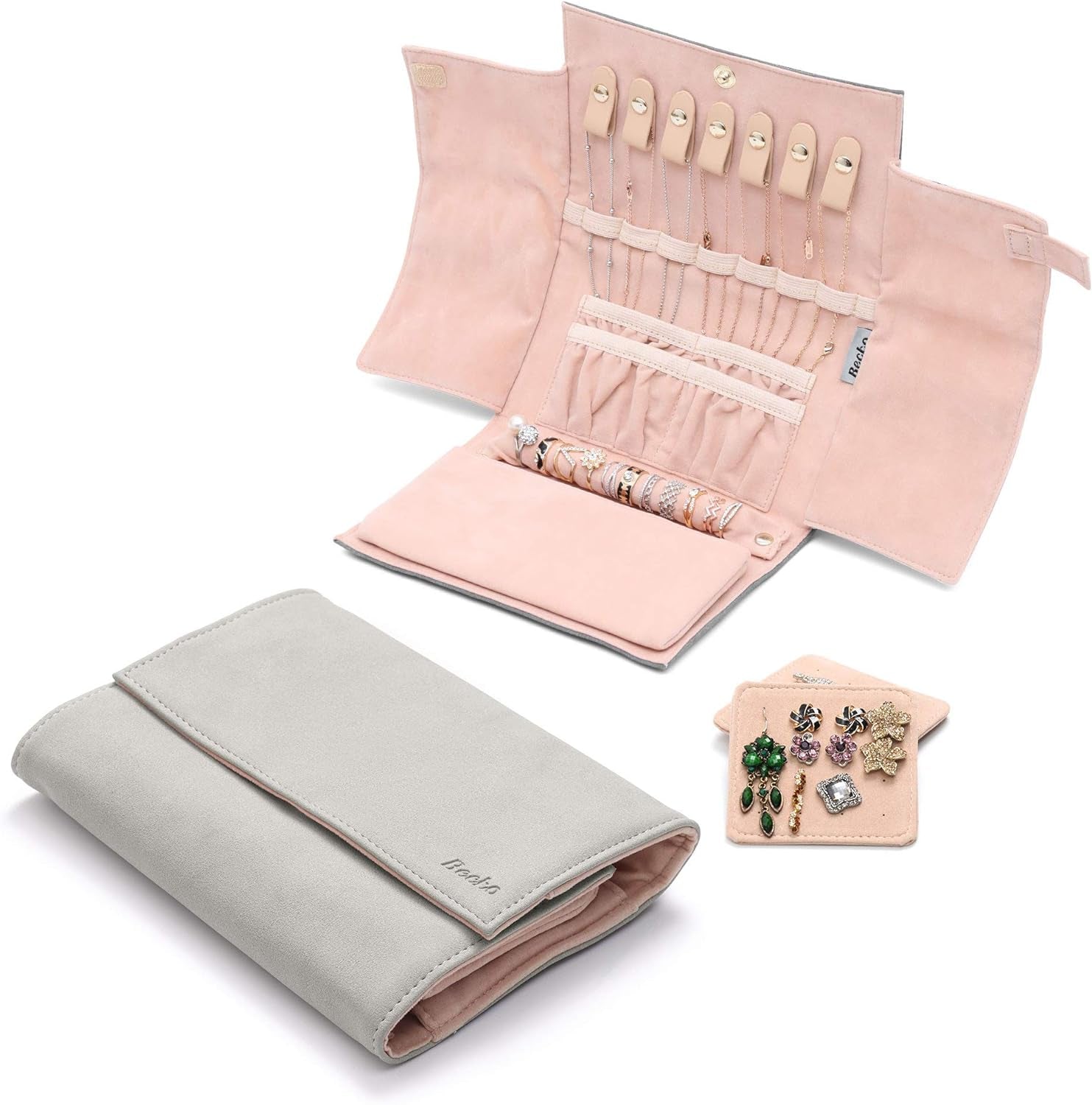 Jewelry Organizer Roll Travel Jewel Bag Case for Multiple Necklaces, Rings, Bracelets, Supple Leather & Suede, Large Capacity without Crease, Lightweight, Portable & Practical (Gray)