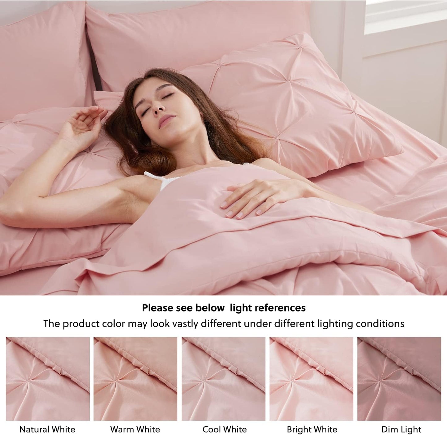 King Size Comforter Set Pink - Bed in a Bag King Size 7 Pieces, Gentlesoft™ Pintuck Bed Set Gift for Family, Pinch Pleat Pink Comforter with Sheets, Pillowcases & Shams