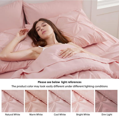 King Size Comforter Set Pink - Bed in a Bag King Size 7 Pieces, Gentlesoft™ Pintuck Bed Set Gift for Family, Pinch Pleat Pink Comforter with Sheets, Pillowcases & Shams