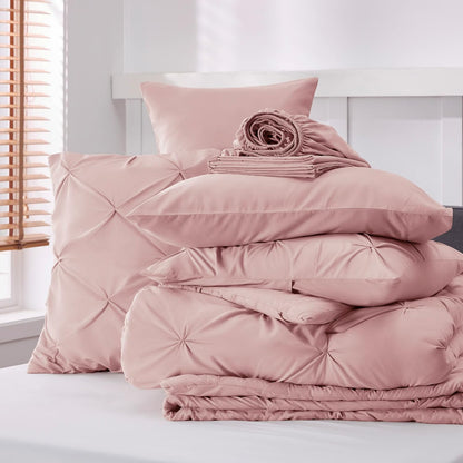 King Size Comforter Set Pink - Bed in a Bag King Size 7 Pieces, Gentlesoft™ Pintuck Bed Set Gift for Family, Pinch Pleat Pink Comforter with Sheets, Pillowcases & Shams