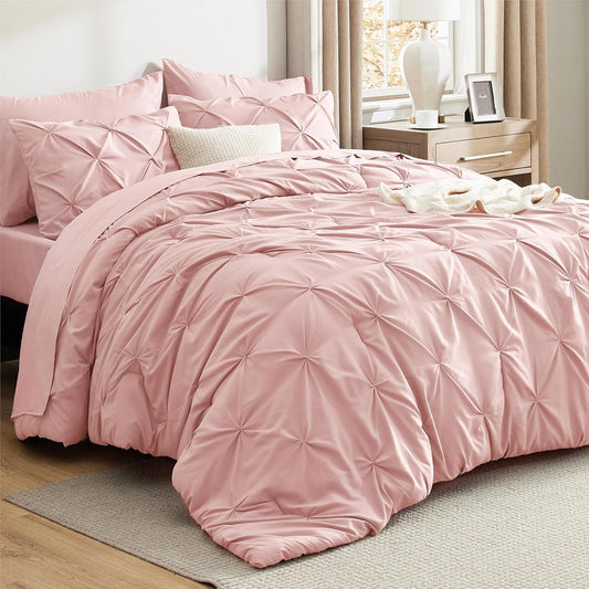 King Size Comforter Set Pink - Bed in a Bag King Size 7 Pieces, Gentlesoft™ Pintuck Bed Set Gift for Family, Pinch Pleat Pink Comforter with Sheets, Pillowcases & Shams