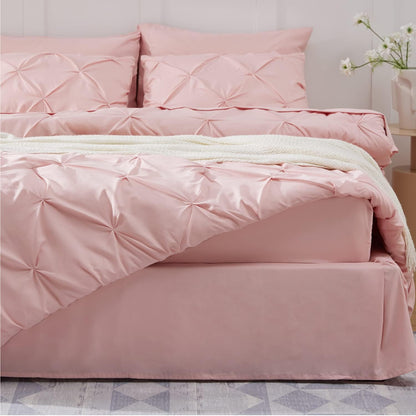 King Size Comforter Set Pink - Bed in a Bag King Size 7 Pieces, Gentlesoft™ Pintuck Bed Set Gift for Family, Pinch Pleat Pink Comforter with Sheets, Pillowcases & Shams
