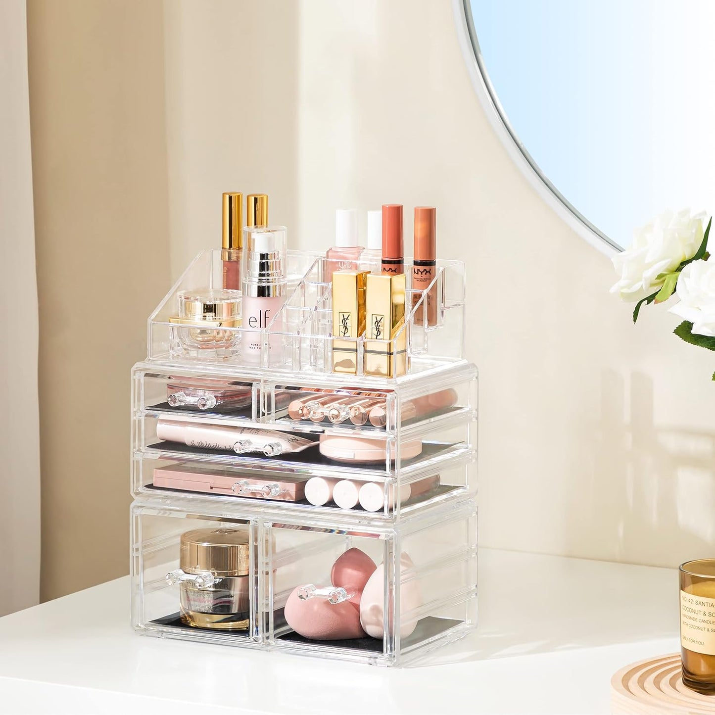 Acrylic Clear Dustproof Makeup Storage Organizer Drawers Large Skin Care Cosmetic Display Cases for Bathroom Stackable Storage Box with 6 Drawers for Vanity (Clear)