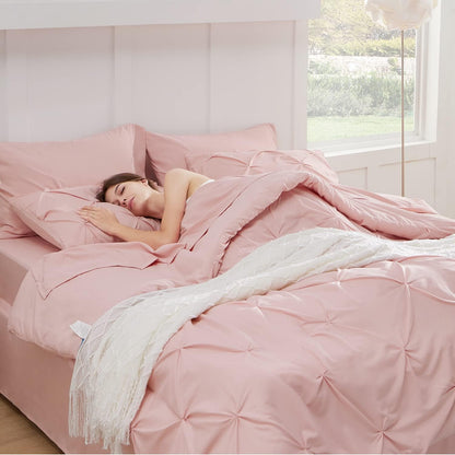 King Size Comforter Set Pink - Bed in a Bag King Size 7 Pieces, Gentlesoft™ Pintuck Bed Set Gift for Family, Pinch Pleat Pink Comforter with Sheets, Pillowcases & Shams